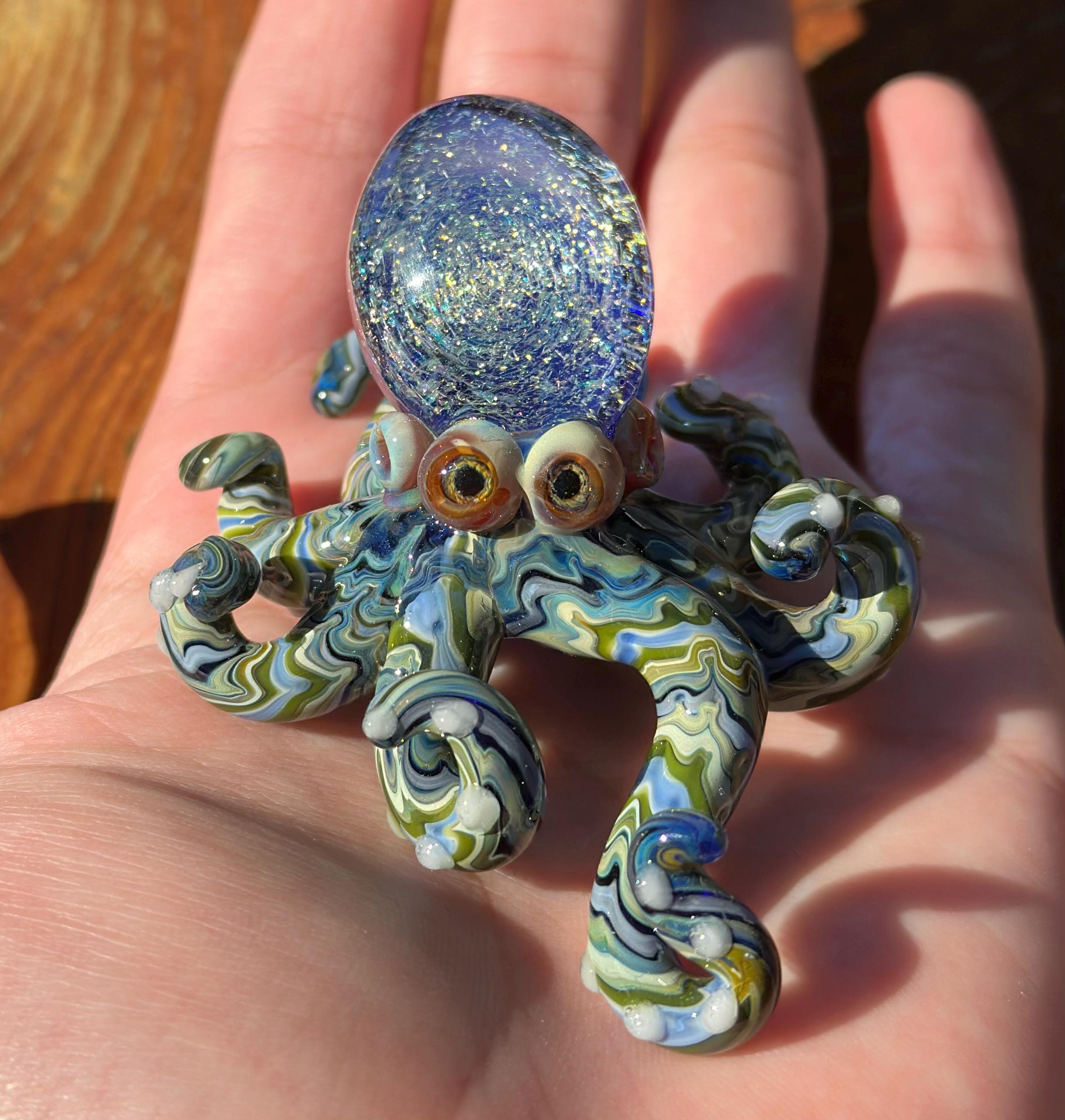 Handmade Dichroic Glass Galaxy Octopus Sculpture – Ocean Desk Decor