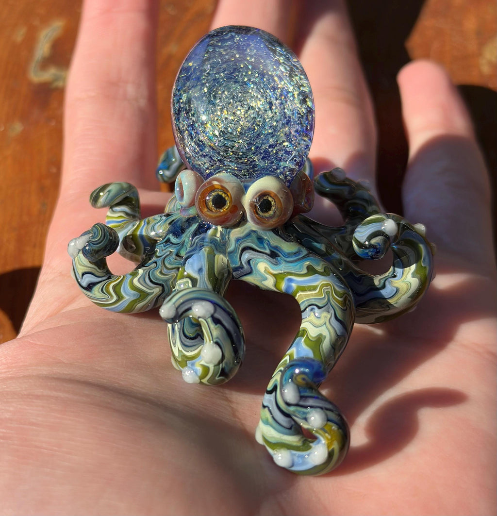 Handmade Dichroic Glass Galaxy Octopus Sculpture – Ocean Desk Decor