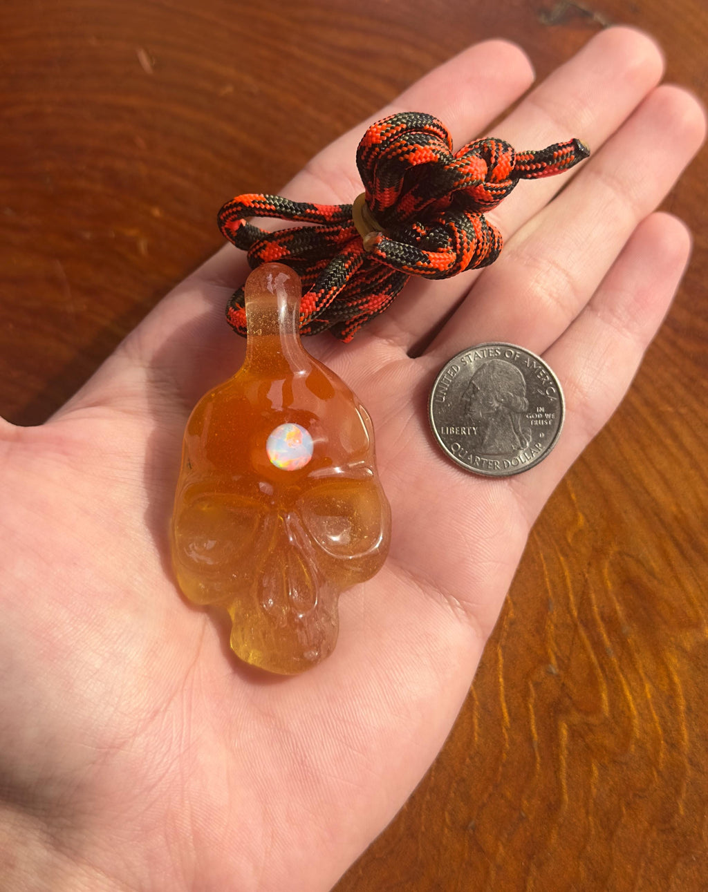 Handmade Tangerine Glass Skull Pendant: Torchwork Opal Necklace