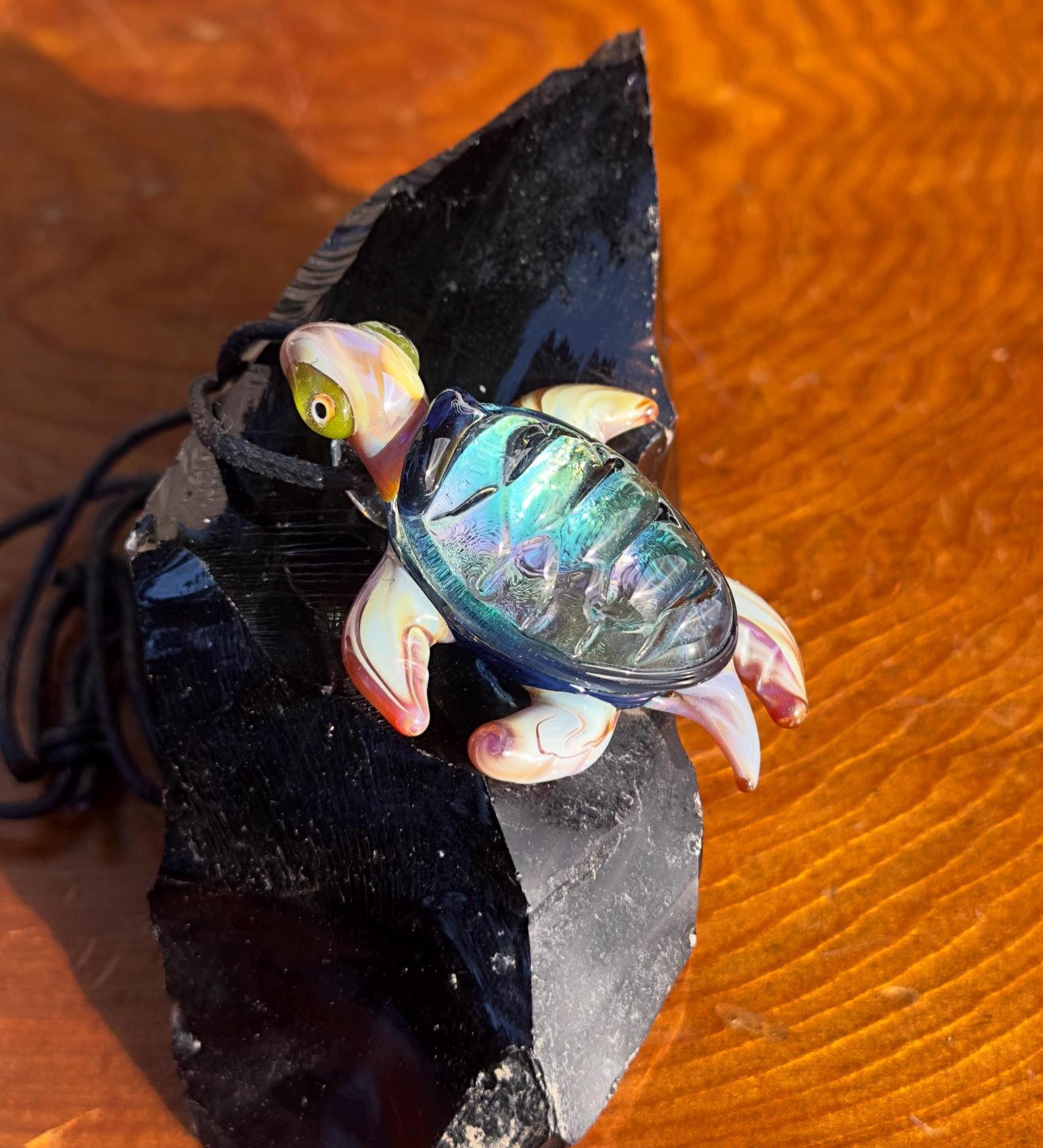 Blown Glass Sea Turtle Necklace: Dichroic Borosilicate Pendant