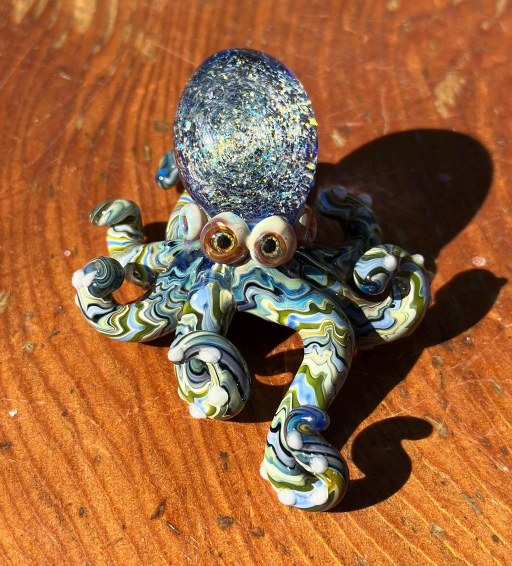 Handmade Dichroic Glass Galaxy Octopus Sculpture – Ocean Desk Decor
