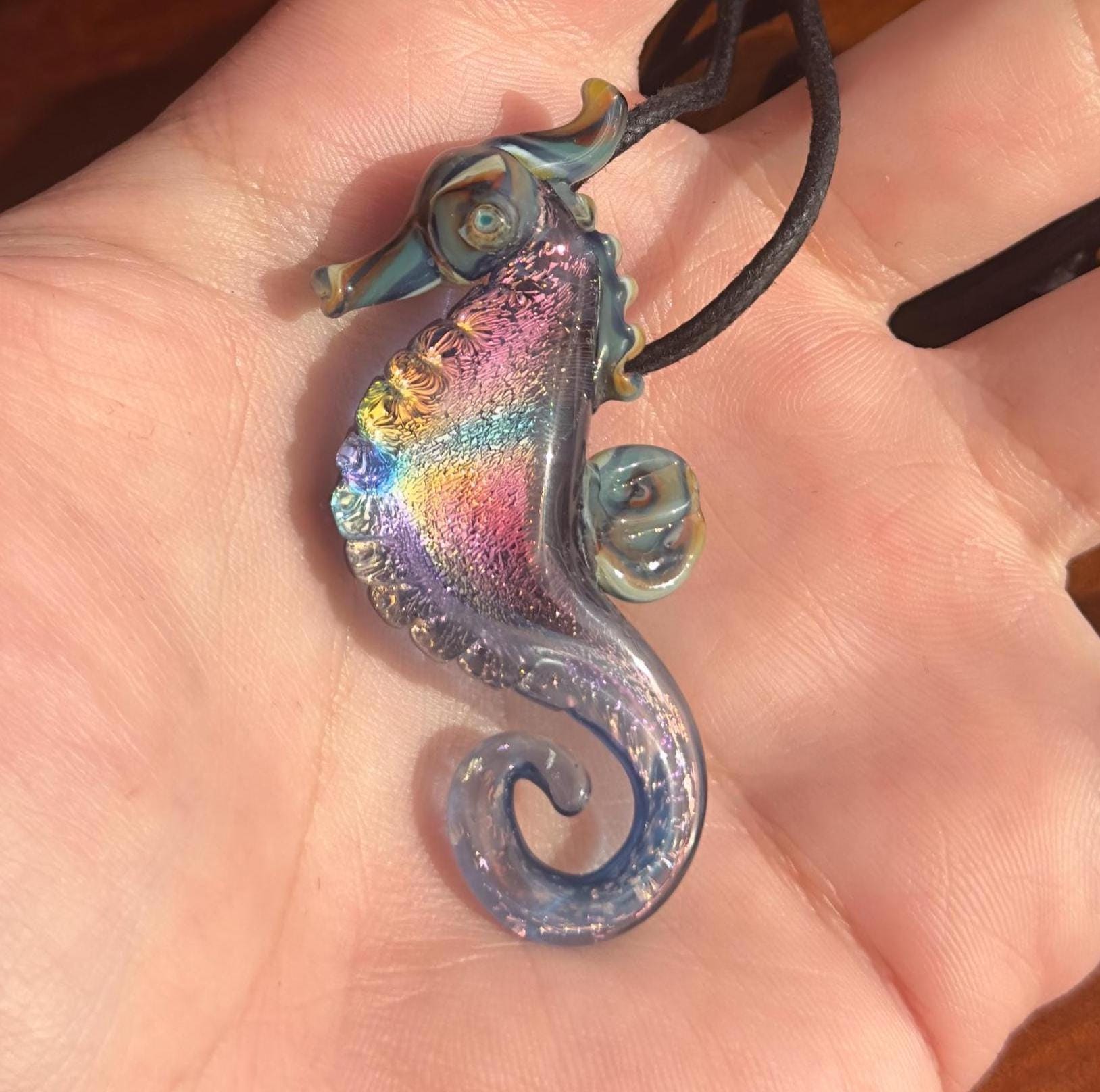 Seahorse Necklace - Handmade Blown Glass Pendant - Ocean-Inspired Jewelry - Unique Sea Creature Necklace - Dichroic Glass Art - Torchwork