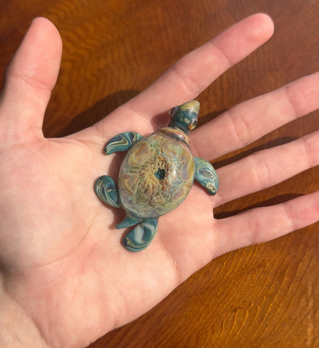 Mini Glass Turtle Sculpture - Handmade - Blown Glass - Flower Implosion