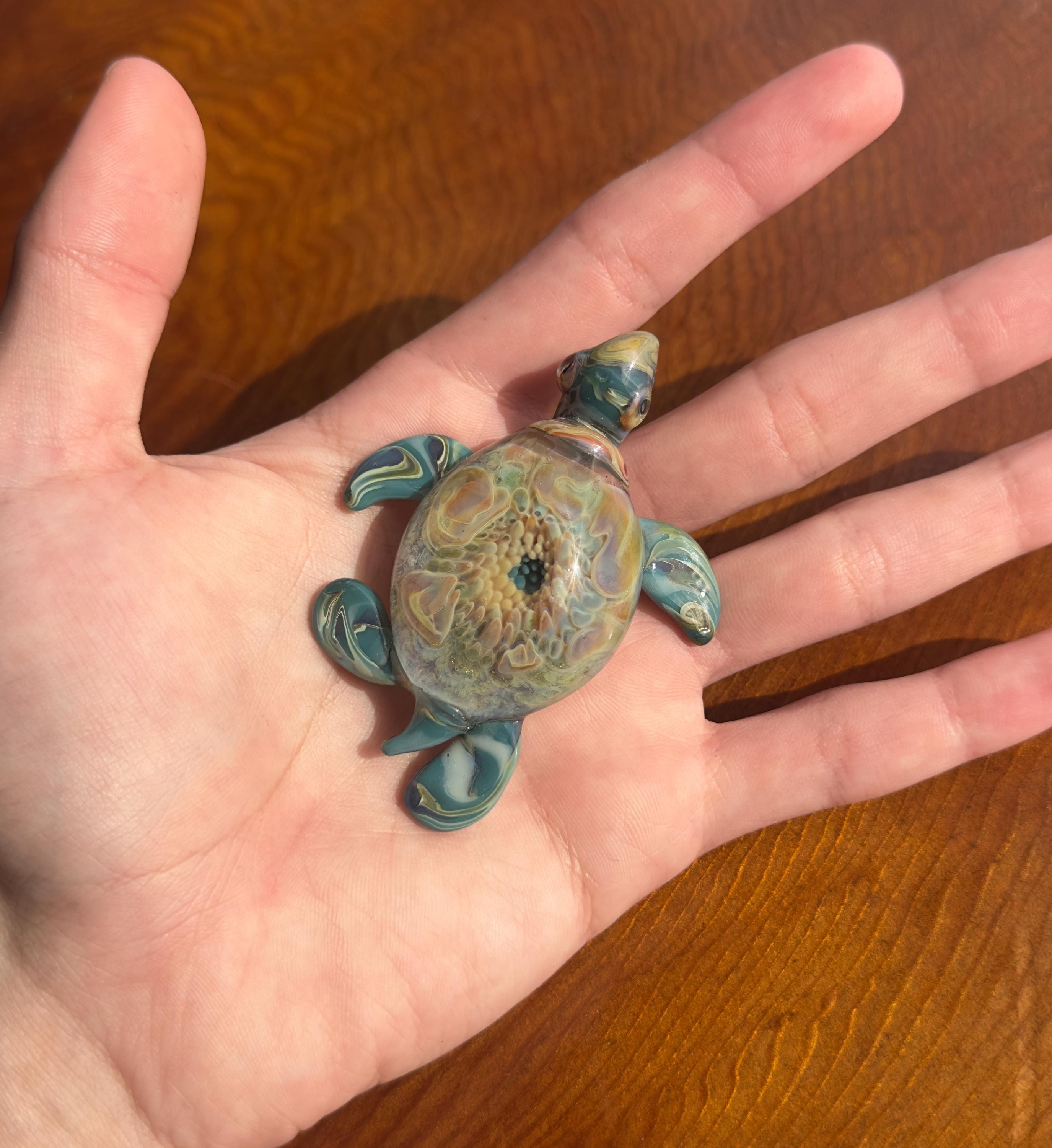 Mini Glass Turtle Sculpture - Handmade - Blown Glass - Flower Implosion