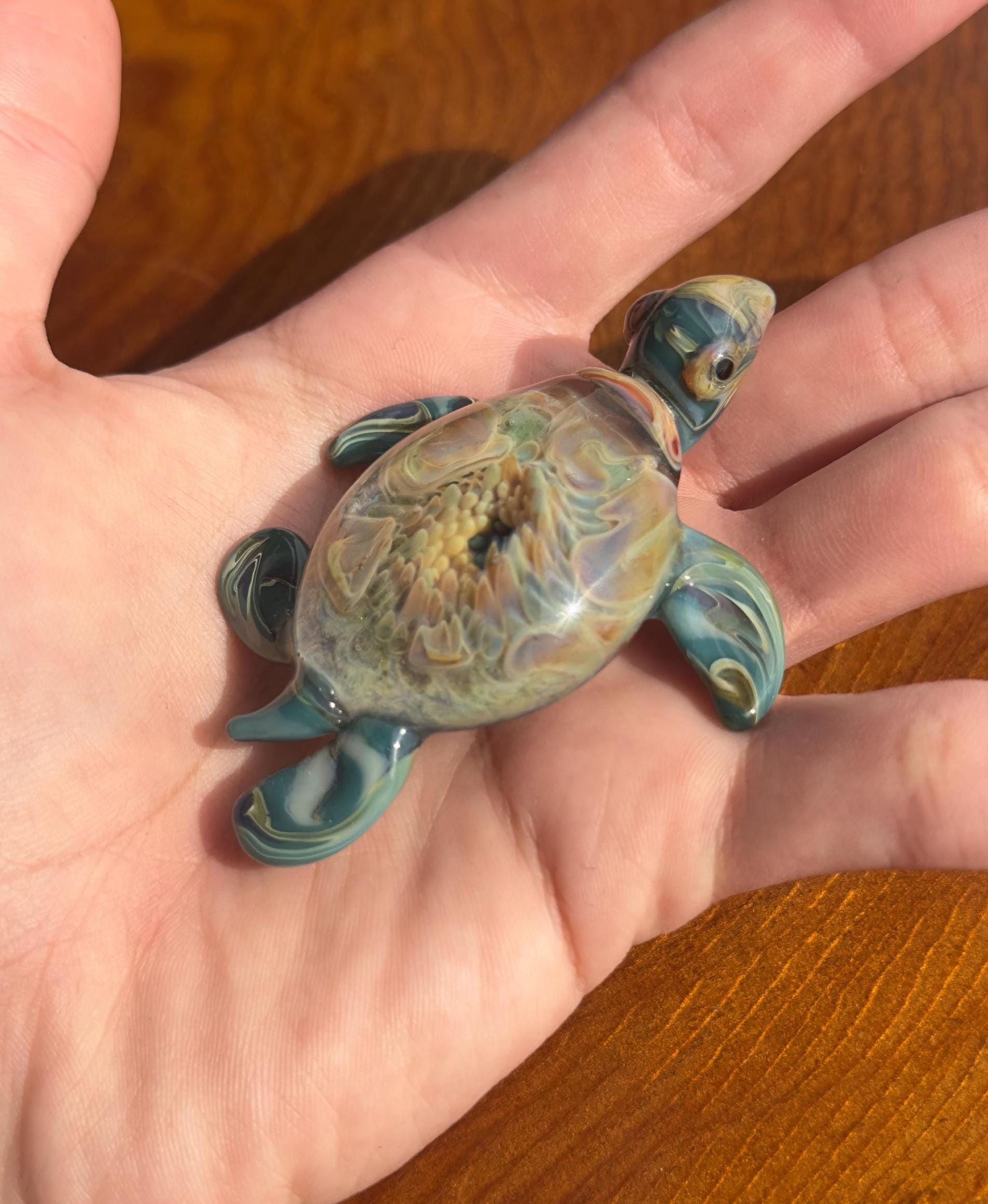 Mini Glass Turtle Sculpture - Handmade - Blown Glass - Flower Implosion