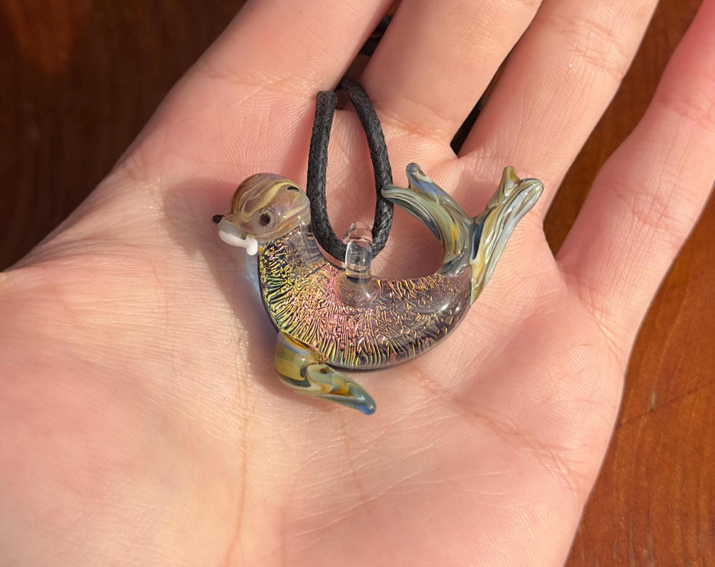 Handblown Glass Sea Lion Necklace: Dichroic Borosilicate Pendant