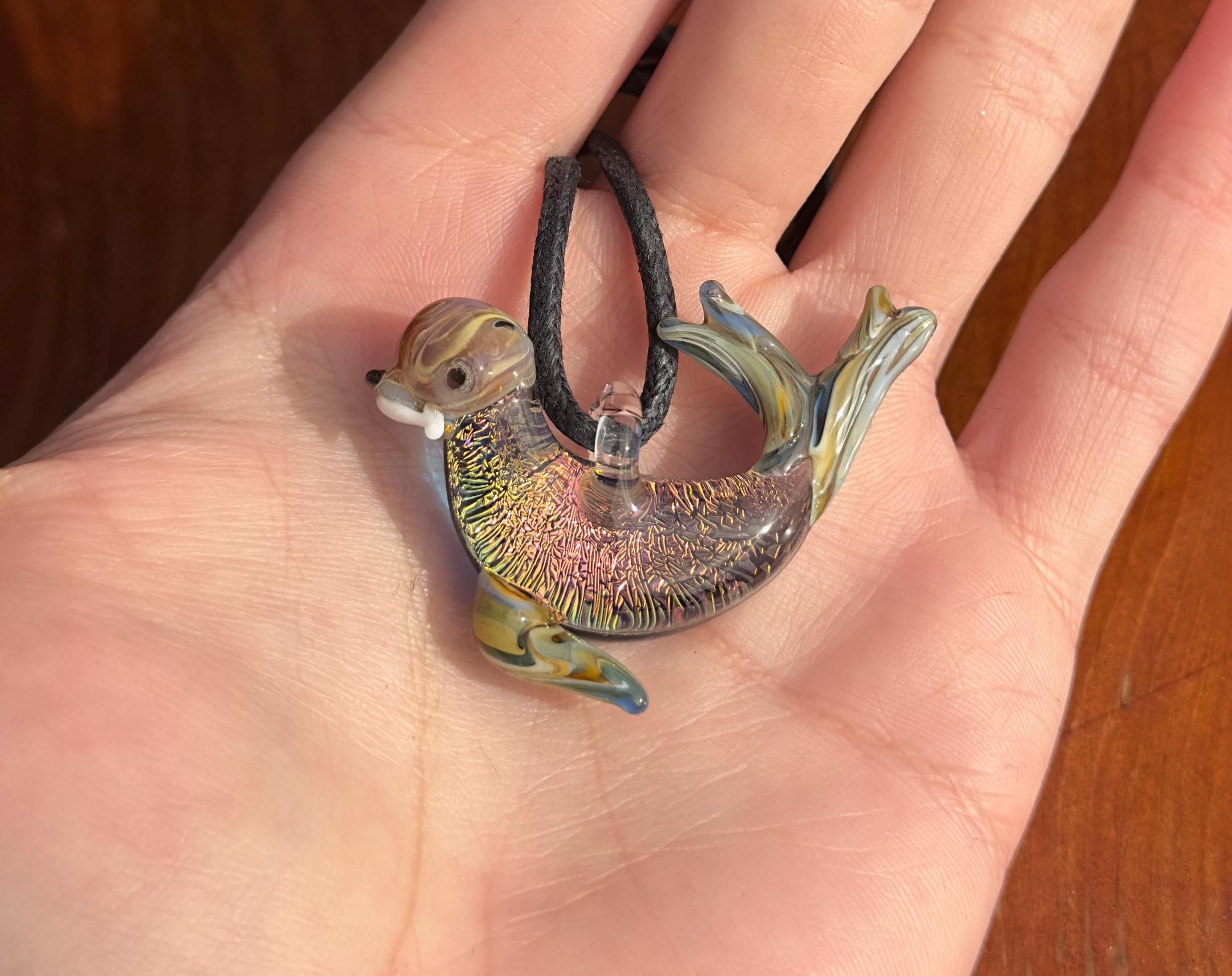 Handblown Glass Sea Lion Necklace: Dichroic Borosilicate Pendant