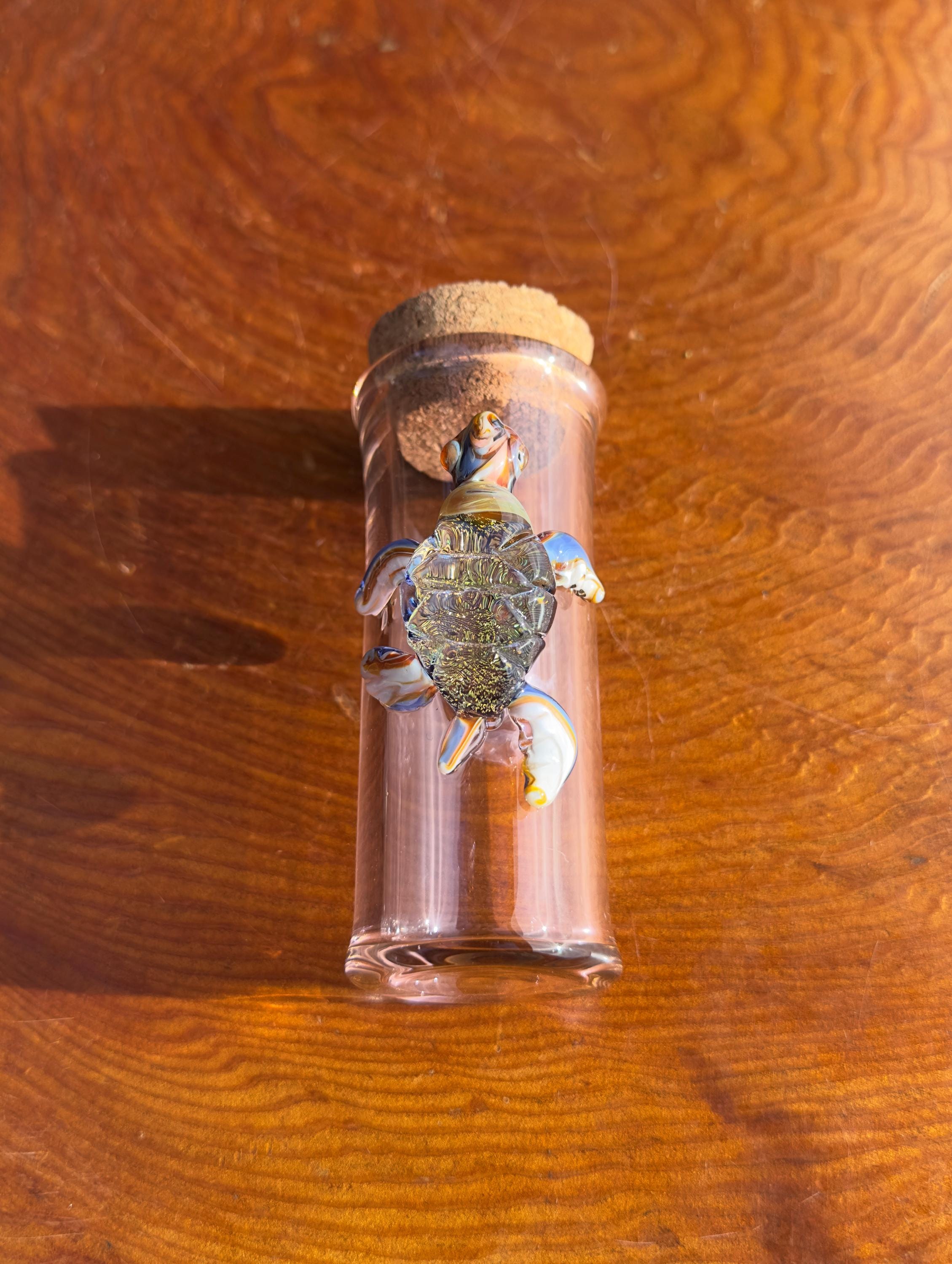Handmade Glass Jar - Amber Color - Dichroic Sea Turtle - Airtight Cork - Unique Ocean Decor - Collectors Items - Sea Creature Gift