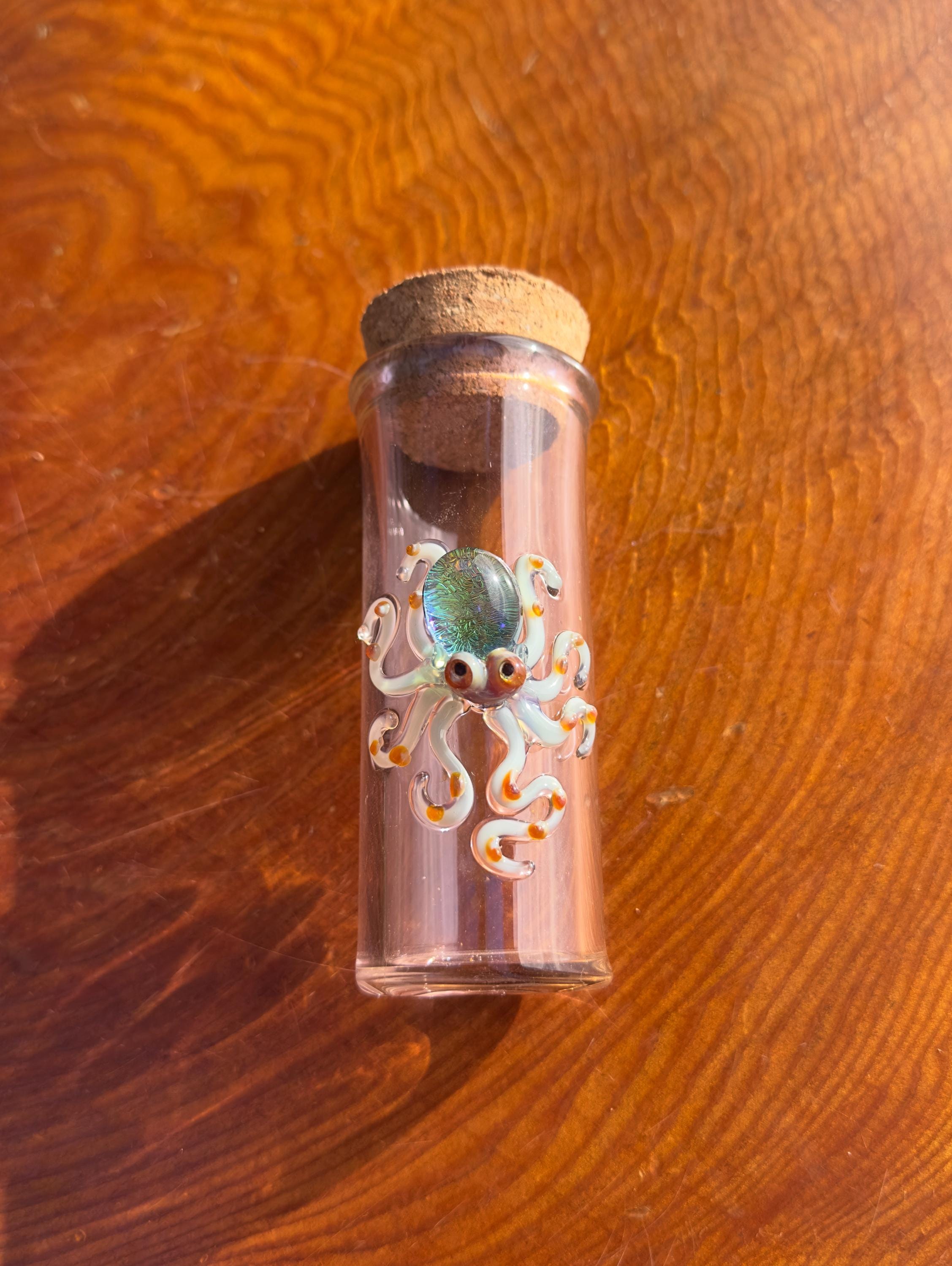 Handmade Glass Jar - Amber Color - Dichroic Octopus - Airtight Cork - Unique Ocean Decor - Collectors Items - Sea Creature Gift