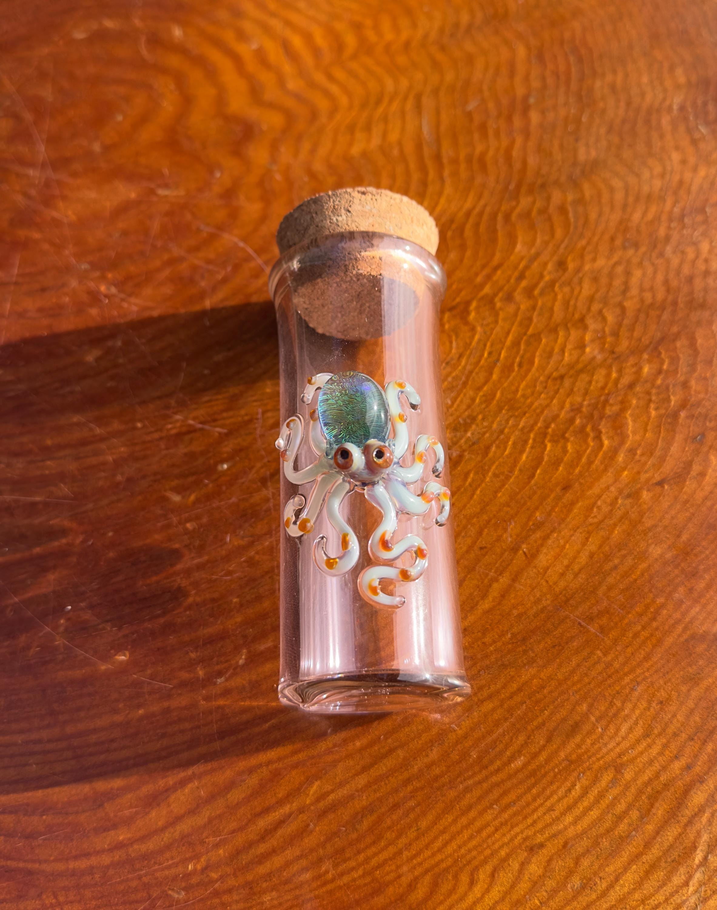 Handmade Glass Jar - Amber Color - Dichroic Octopus - Airtight Cork - Unique Ocean Decor - Collectors Items - Sea Creature Gift