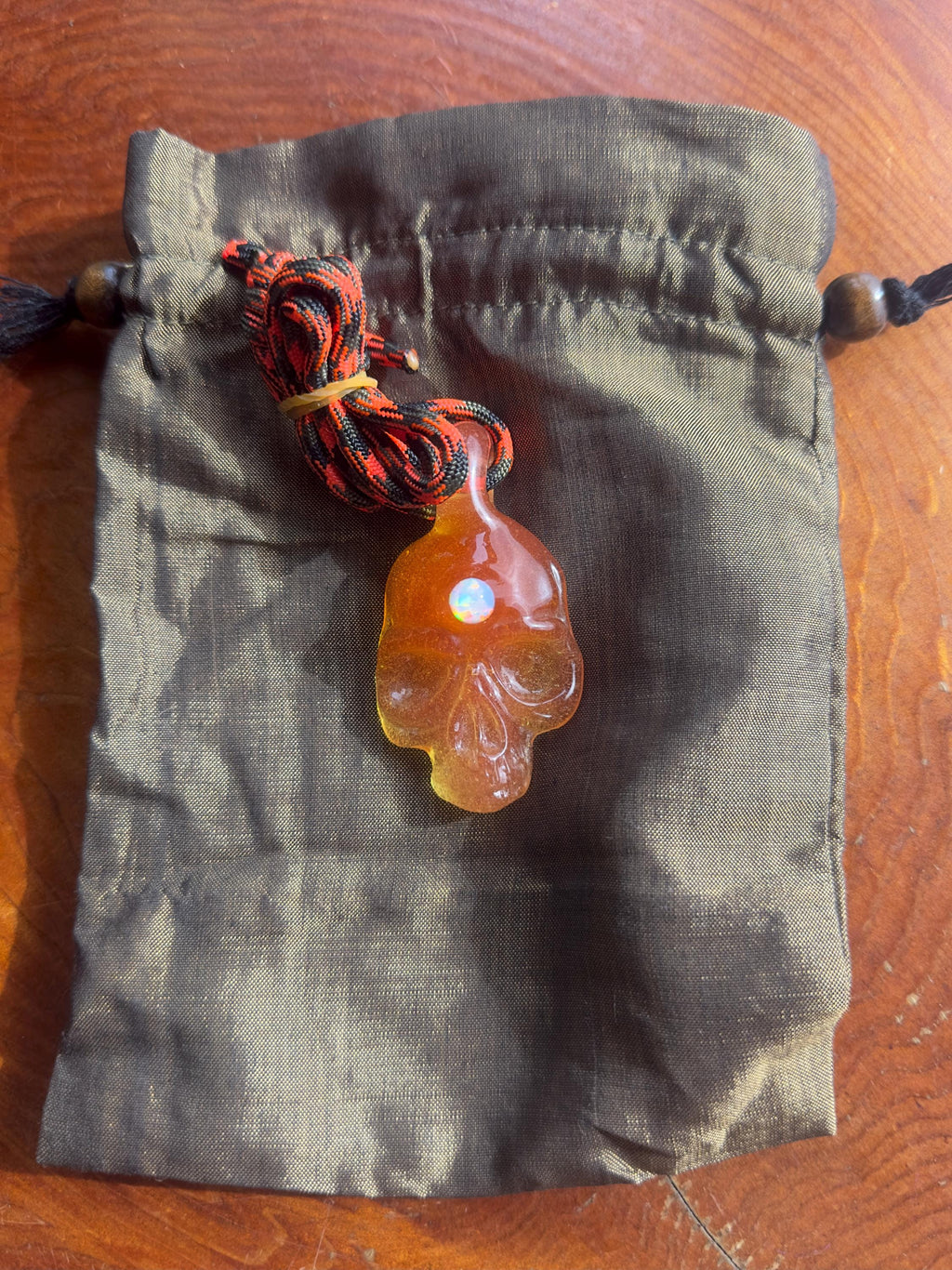 Handmade Tangerine Glass Skull Pendant: Torchwork Opal Necklace