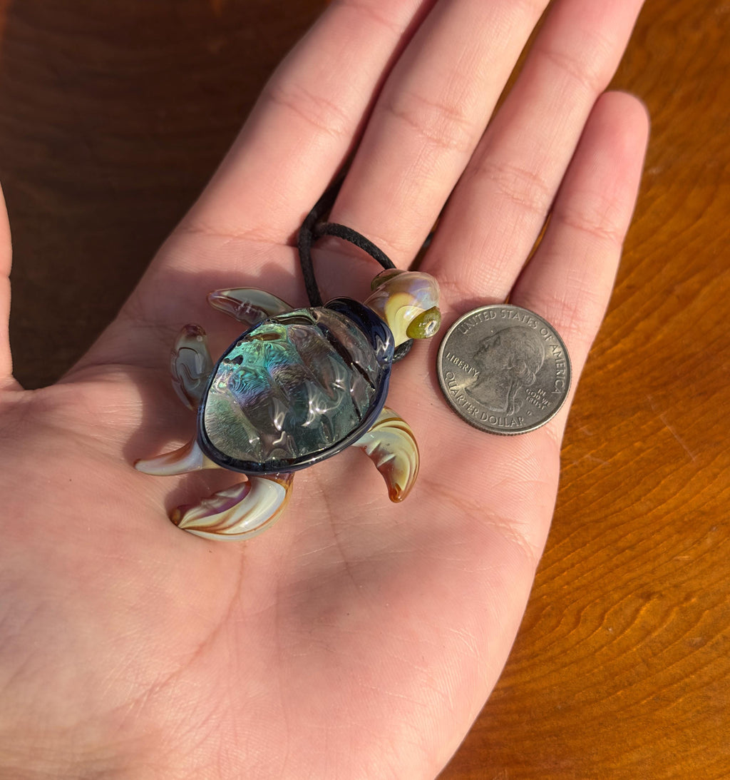 Blown Glass Sea Turtle Necklace: Dichroic Borosilicate Pendant