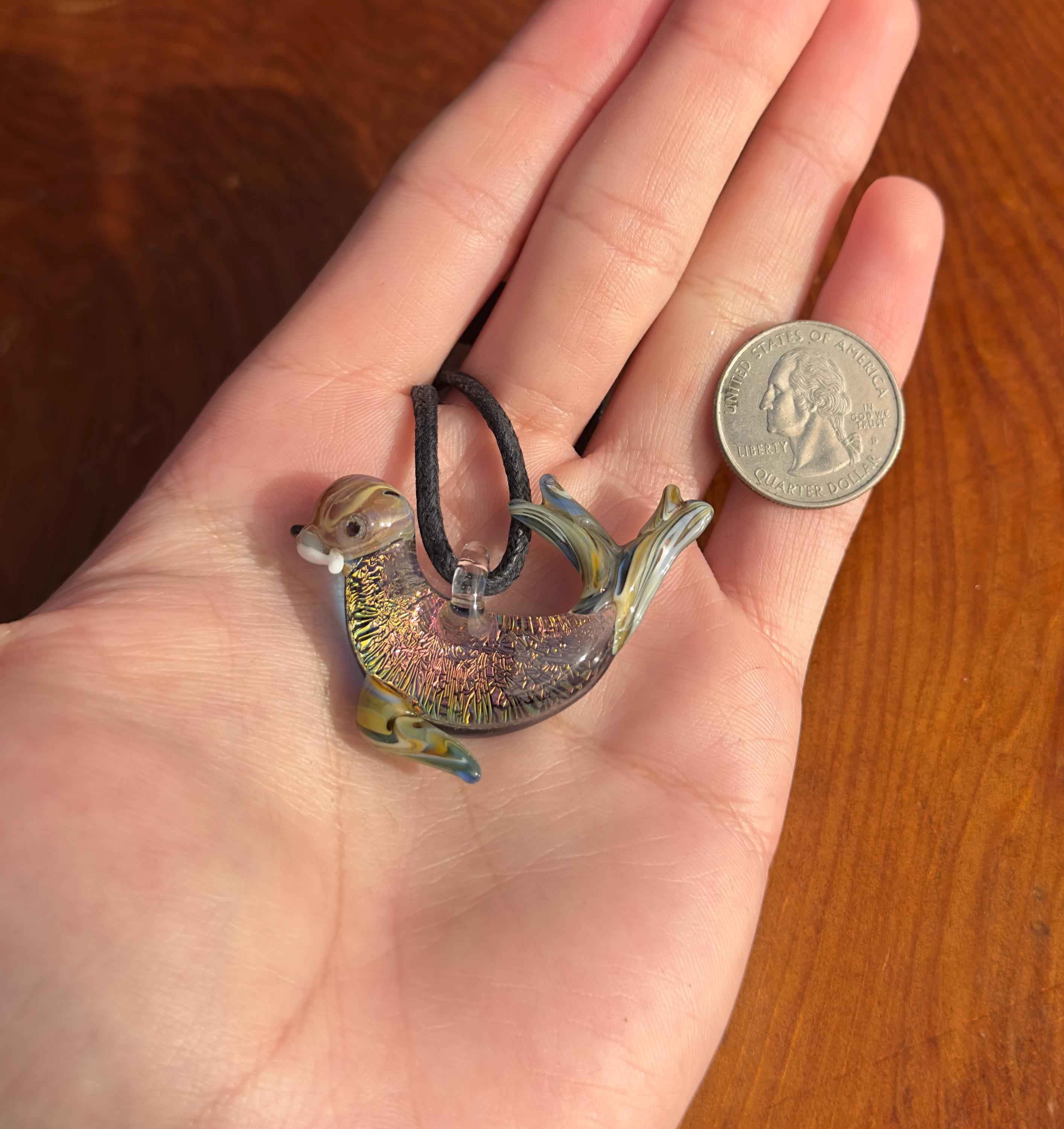 Handblown Glass Sea Lion Necklace: Dichroic Borosilicate Pendant
