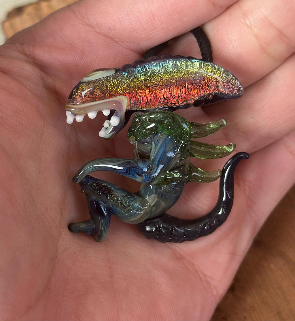 Dichroic Glass Alien Pendant Necklace - Unique Handmade Cosmic Jewelry - Sci-Fi - Outer Space - UFO Gift Idea, Color-Changing Pendant