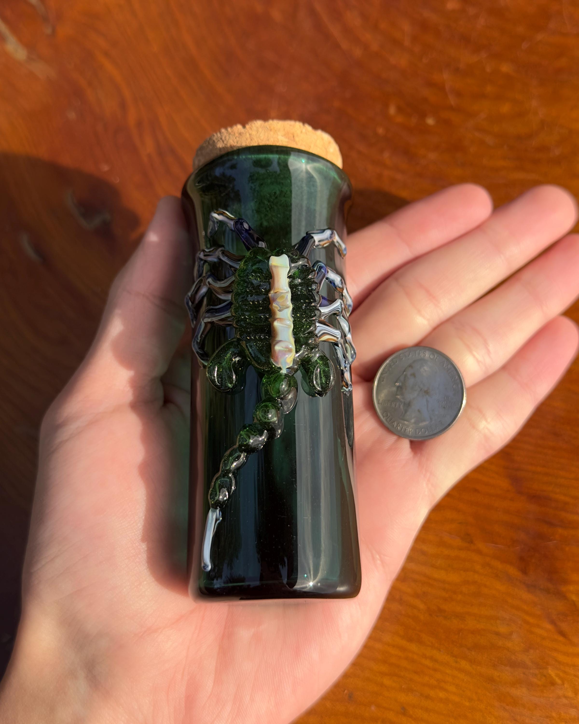 Handmade Glass Jar - Solid Emerald Green - Facehugger Alien - Airtight Cork - Unique Alien Decor - Collectors Items - Sci-fi Gift