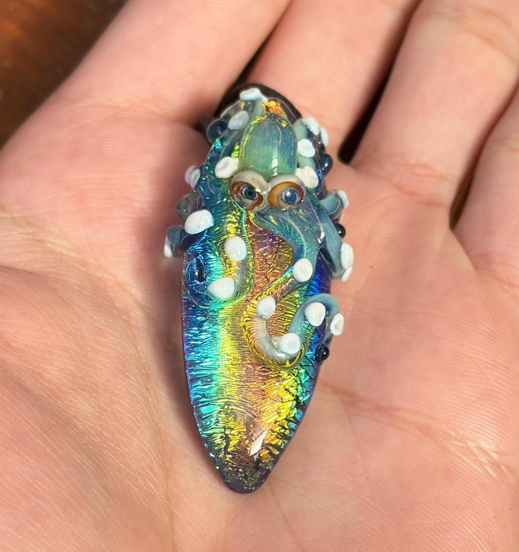 Handmade Blown Glass Octopus Necklace - Dichroic Sea Pendant