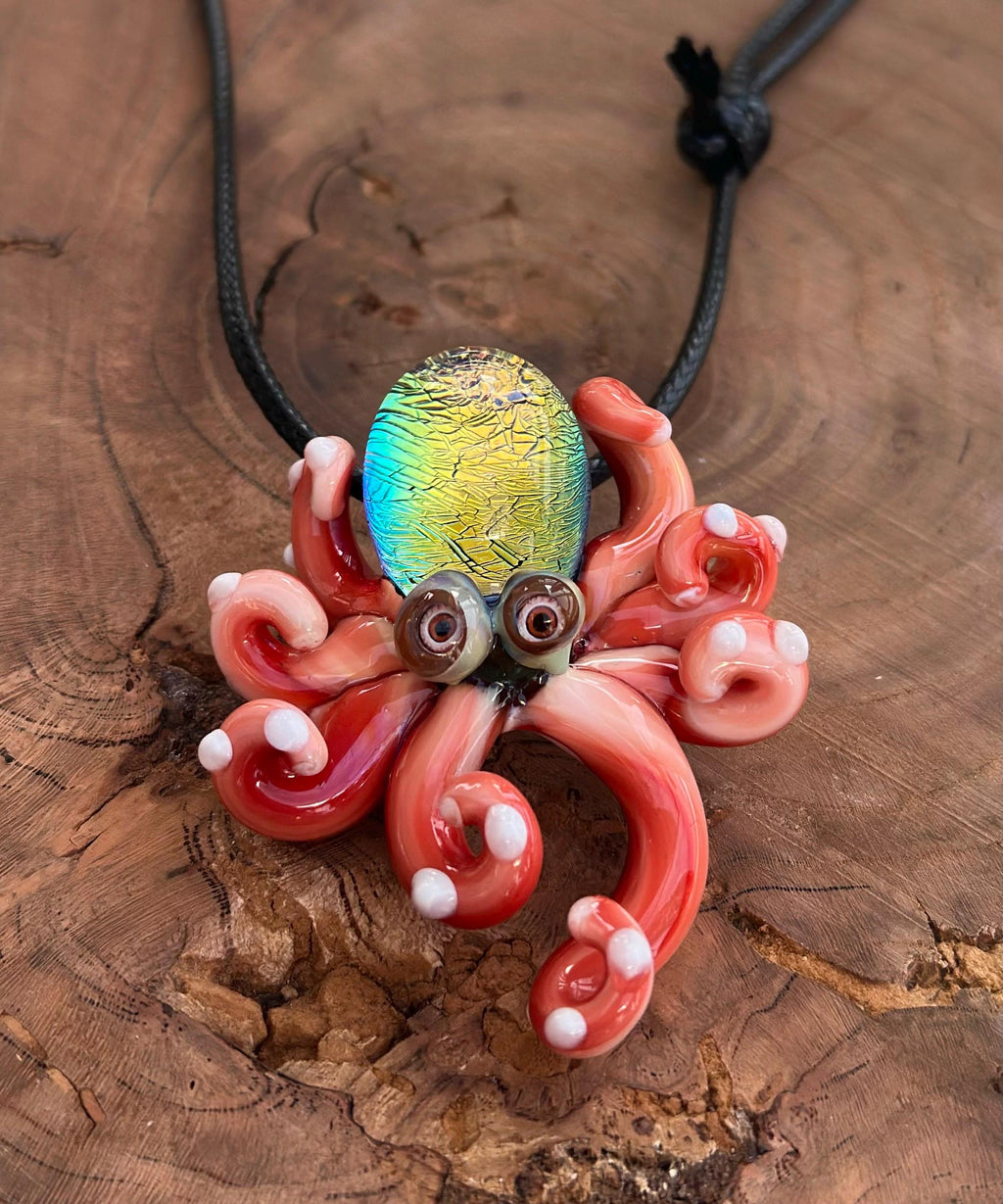 Handmade Blown Glass Octopus Necklace – Dichroic Sea Creature Pendant