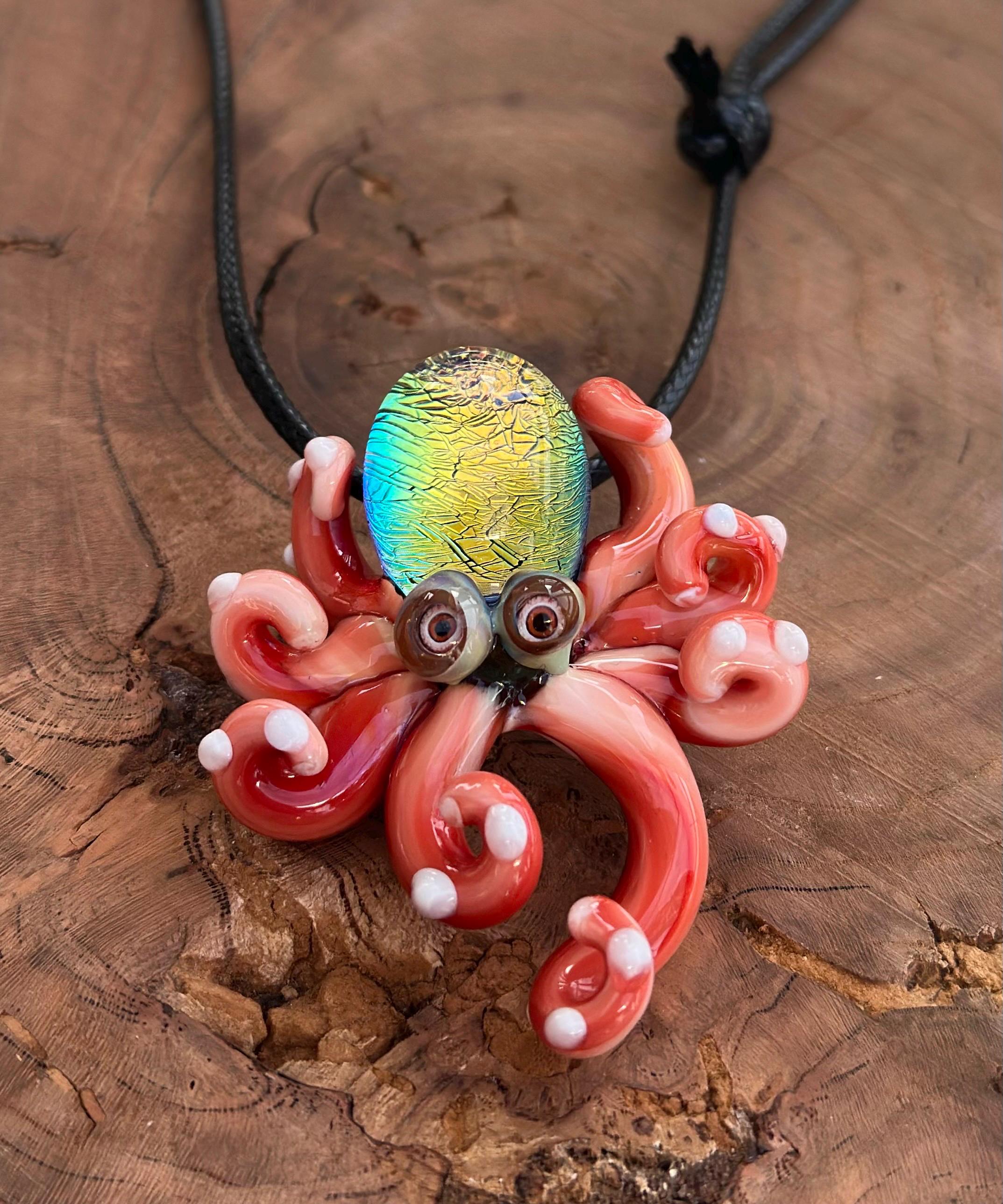 Handmade Blown Glass Octopus Necklace – Dichroic Sea Creature Pendant