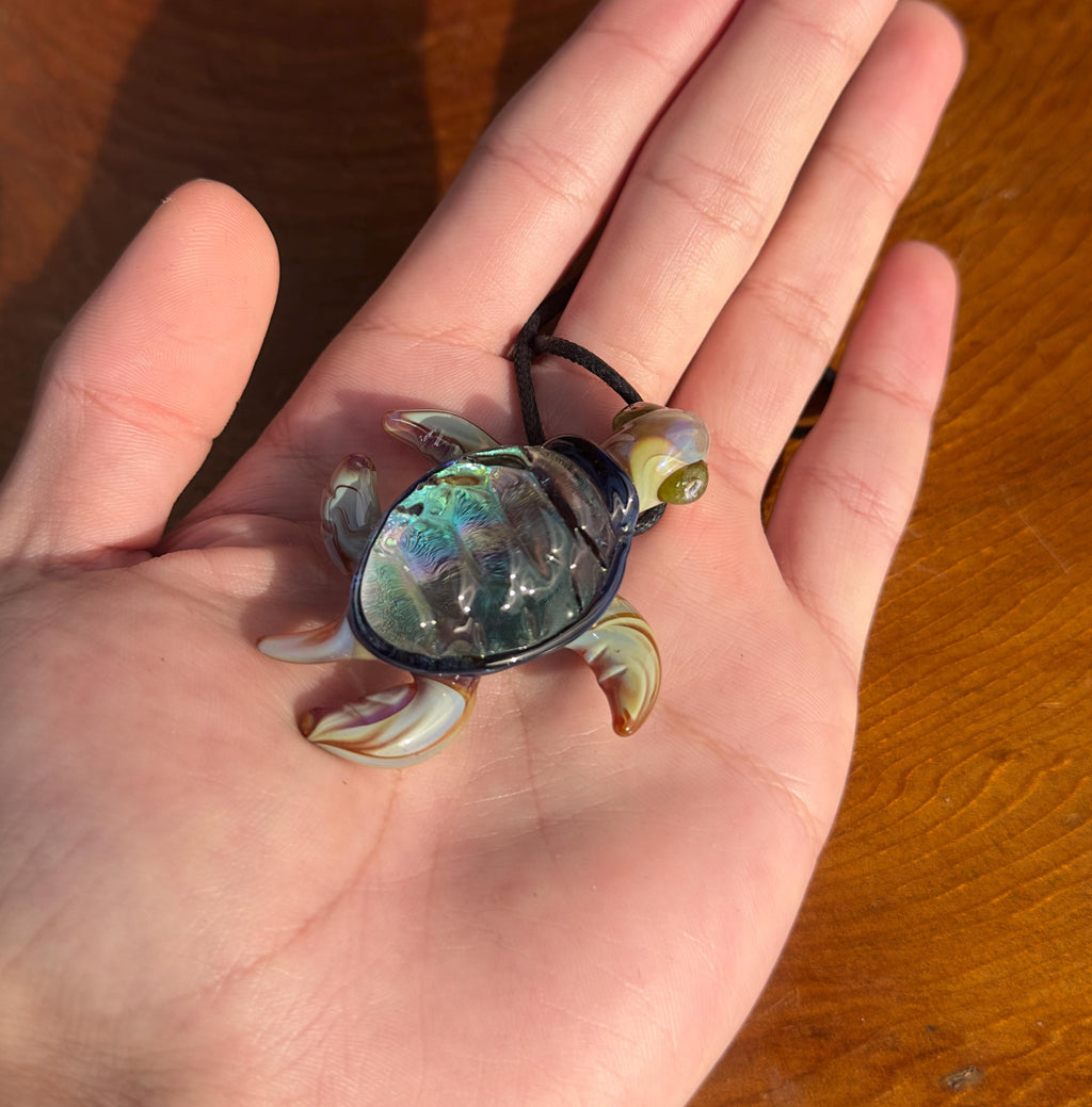Blown Glass Sea Turtle Necklace: Dichroic Borosilicate Pendant