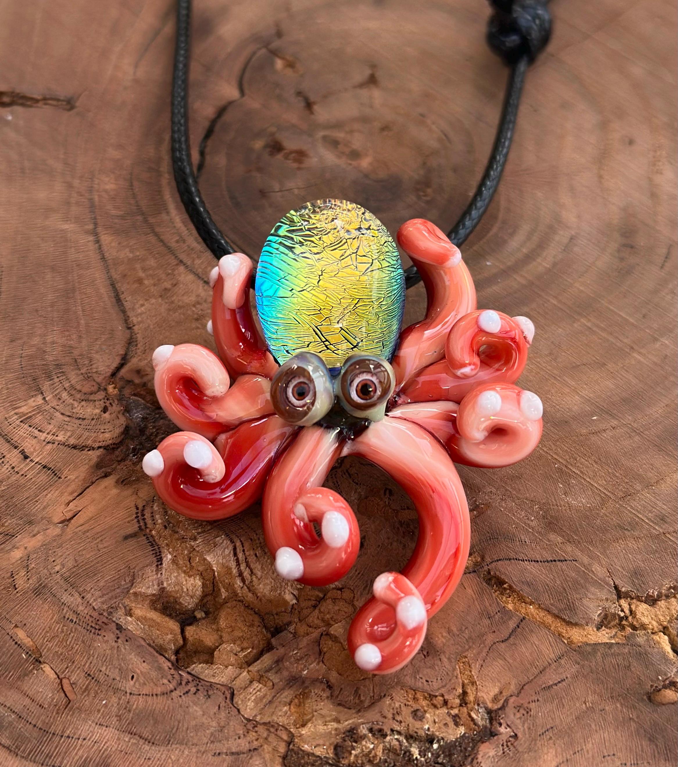 Handmade Blown Glass Octopus Necklace – Dichroic Sea Creature Pendant