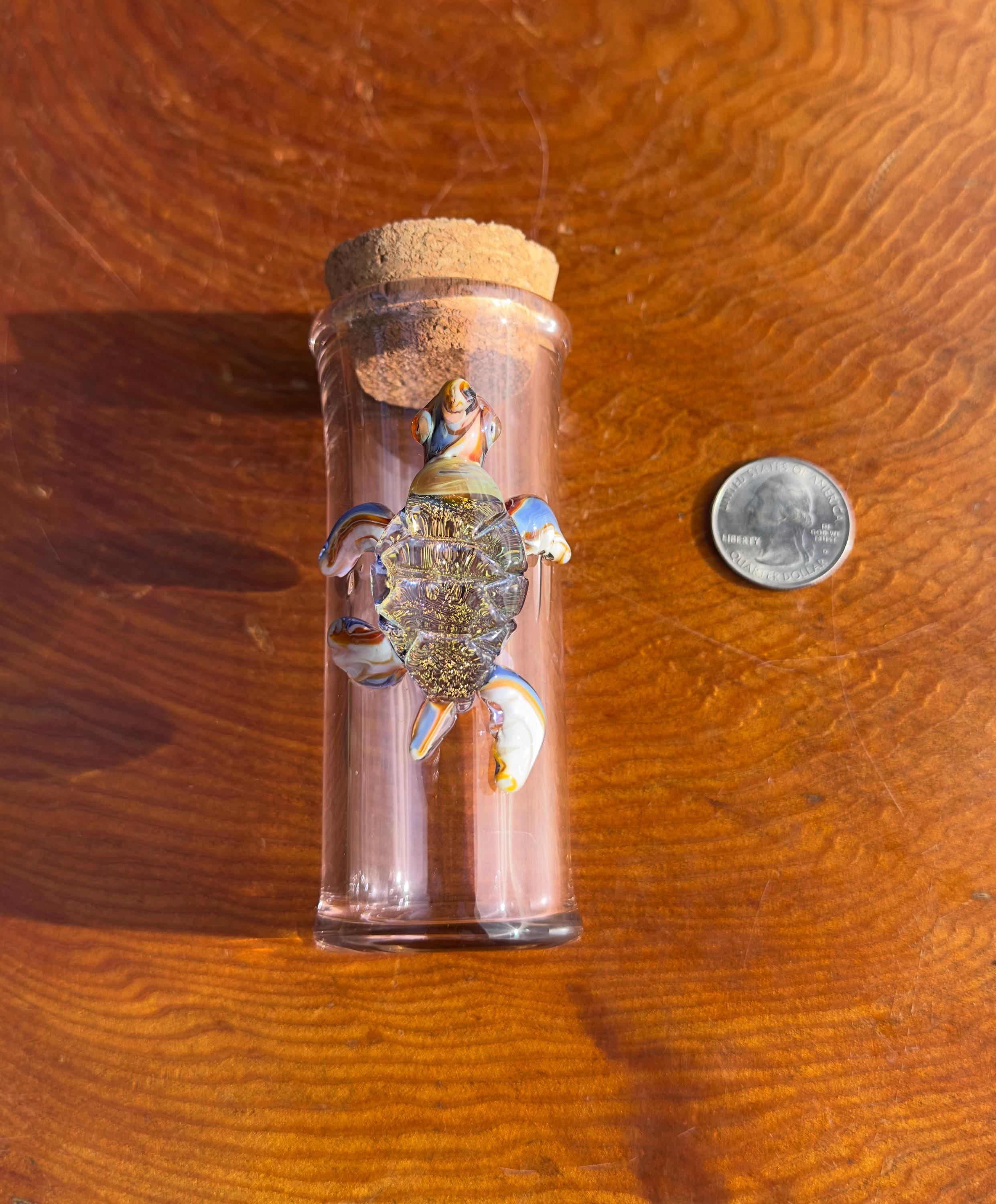 Handmade Glass Jar - Amber Color - Dichroic Sea Turtle - Airtight Cork - Unique Ocean Decor - Collectors Items - Sea Creature Gift