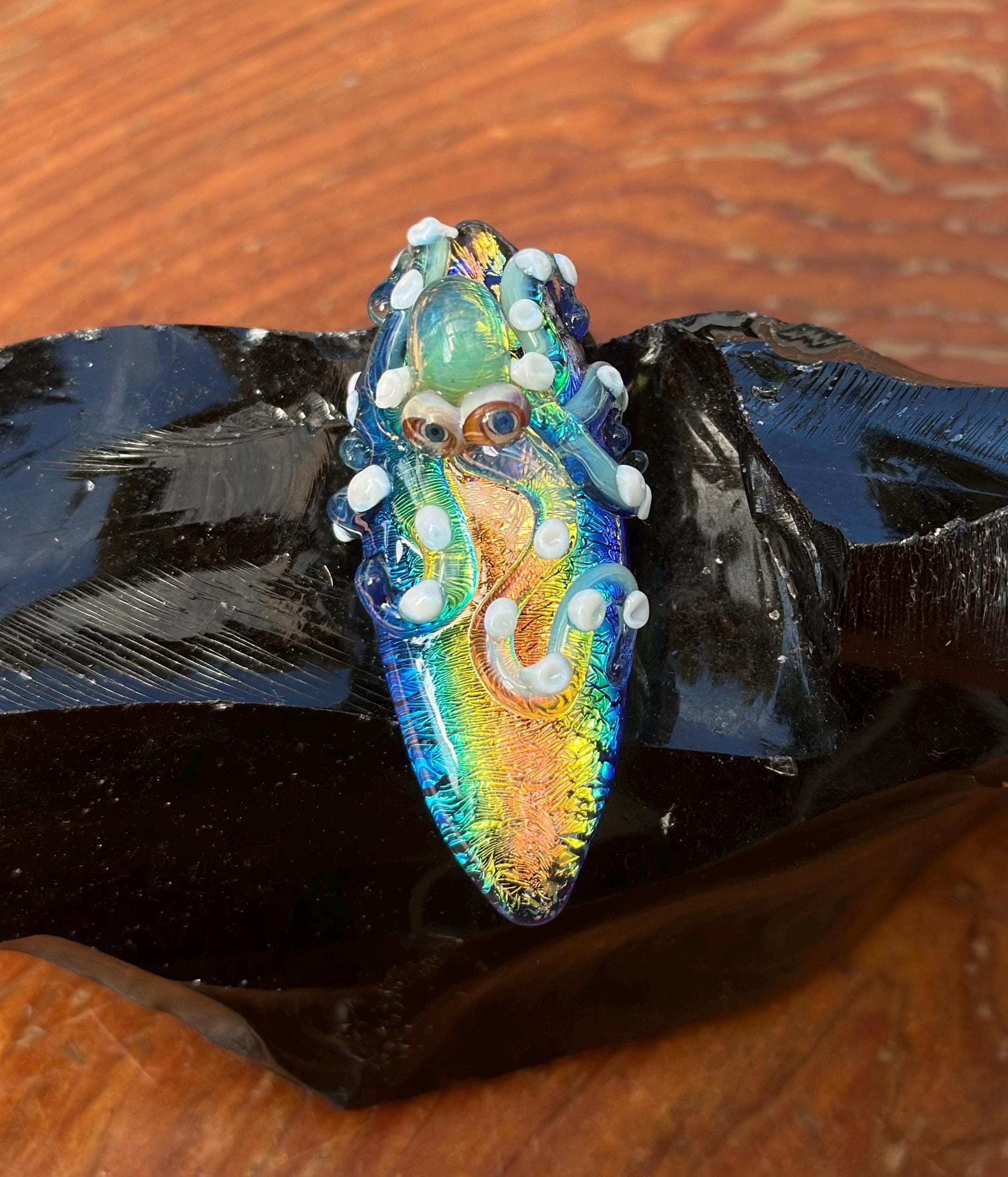 Handmade Blown Glass Octopus Necklace - Dichroic Sea Pendant