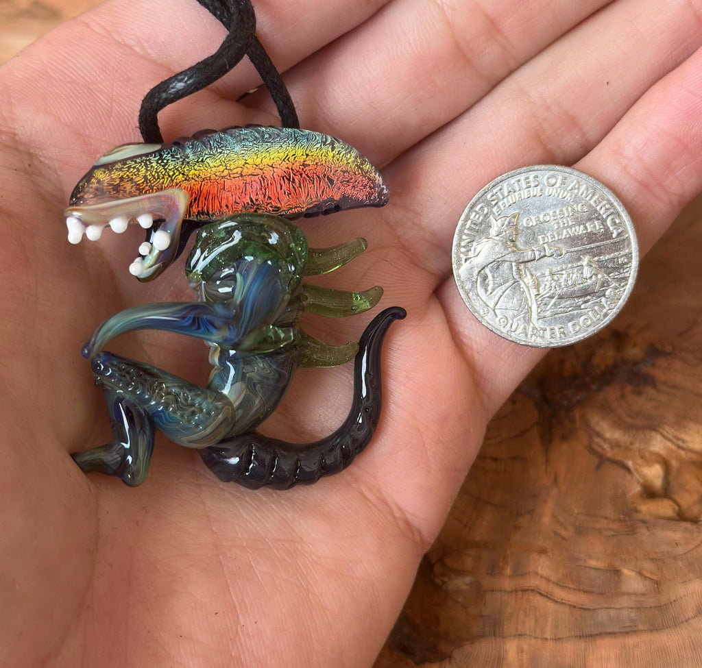 Dichroic Glass Alien Pendant Necklace - Unique Handmade Cosmic Jewelry - Sci-Fi - Outer Space - UFO Gift Idea, Color-Changing Pendant