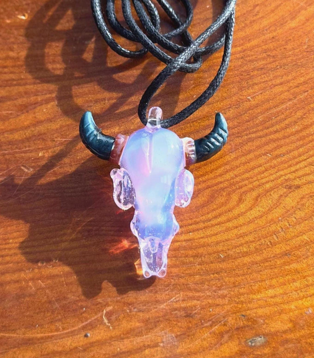 Handmade Bull Skull Glass Pendant Necklace - Western Boho Jewelry for Men and Women