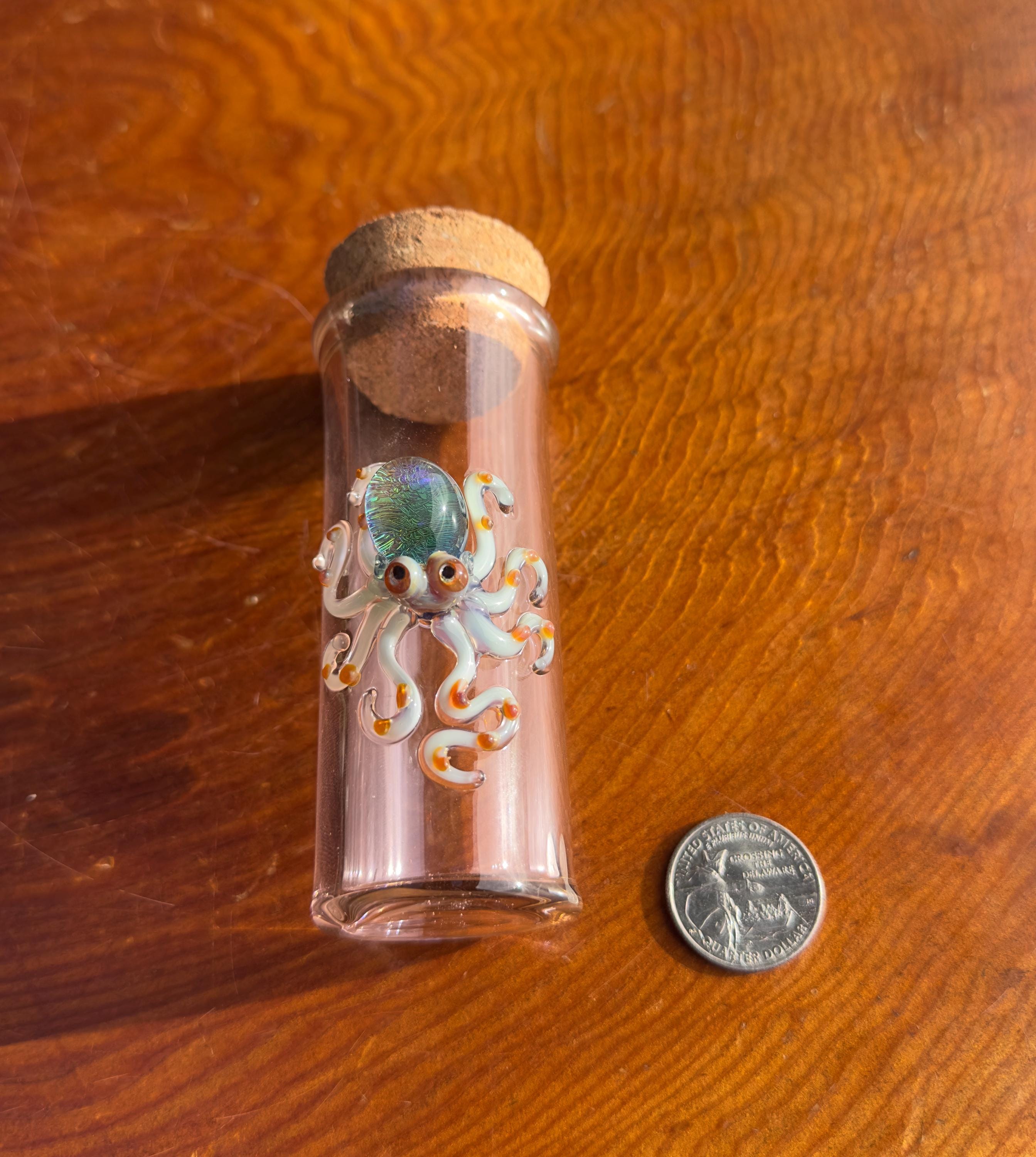 Handmade Glass Jar - Amber Color - Dichroic Octopus - Airtight Cork - Unique Ocean Decor - Collectors Items - Sea Creature Gift