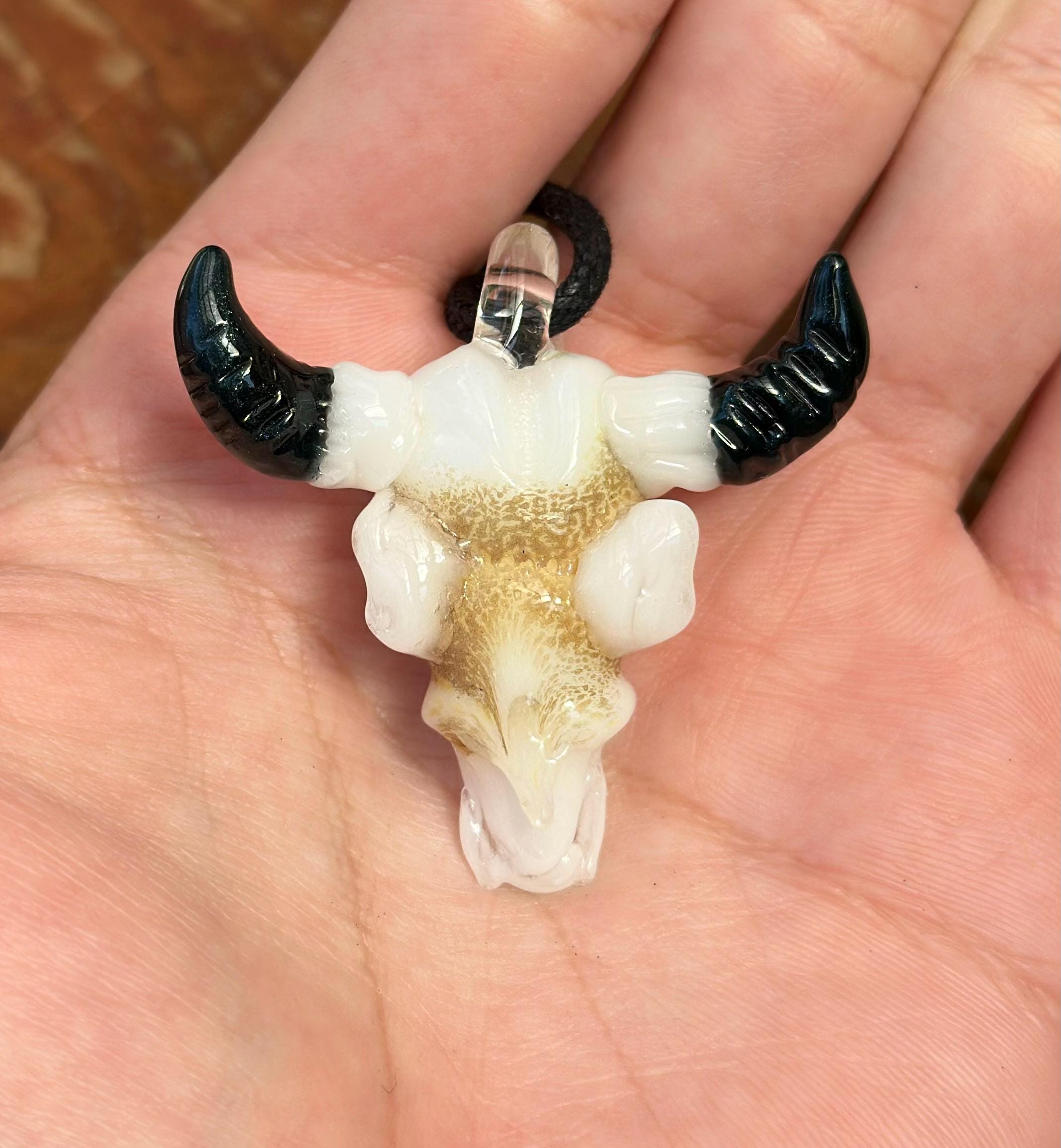 Handmade Bull Skull Glass Pendant Necklace - Western Boho Jewelry for Men and Women