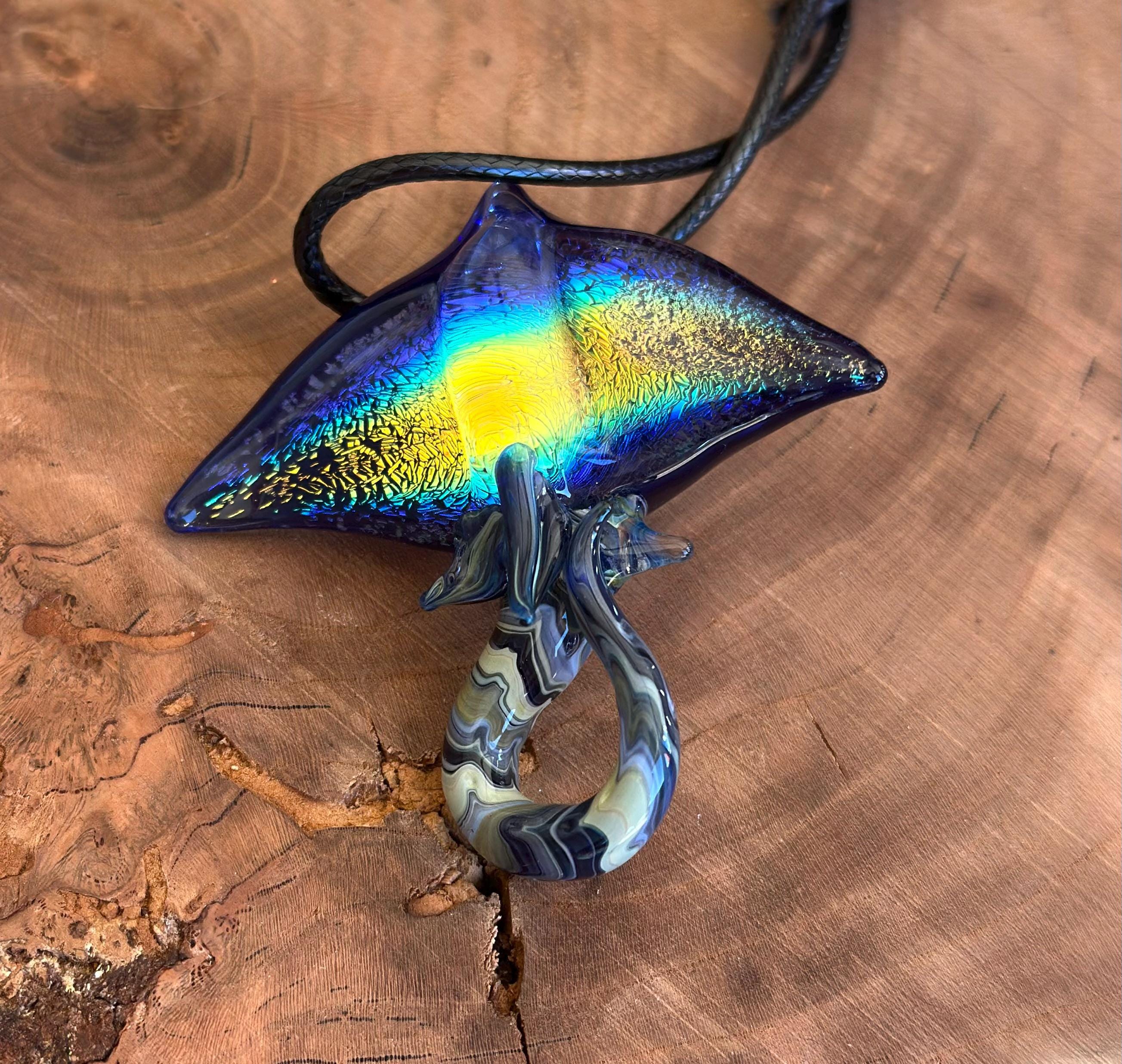 Handmade Dichroic Blown Glass Stingray Pendant Necklace