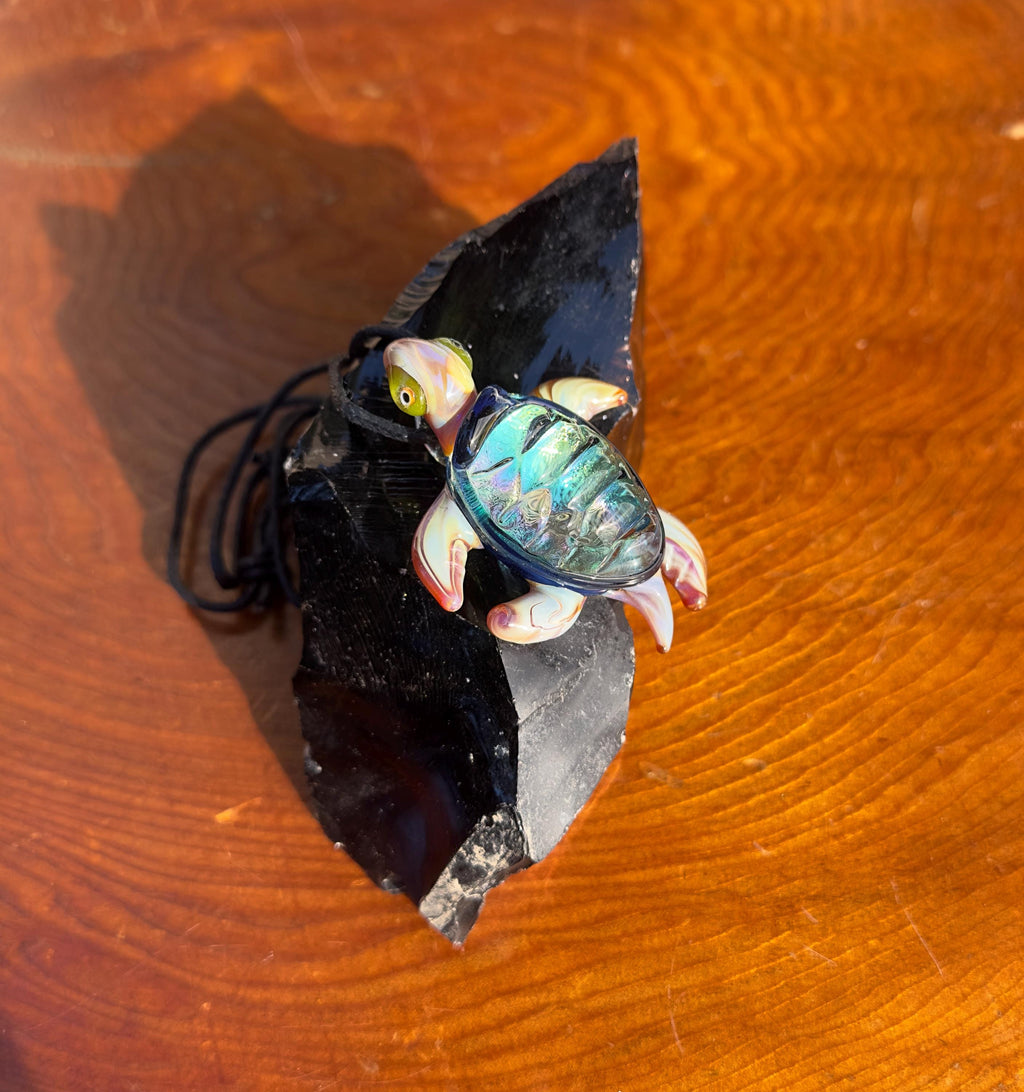 Blown Glass Sea Turtle Necklace: Dichroic Borosilicate Pendant
