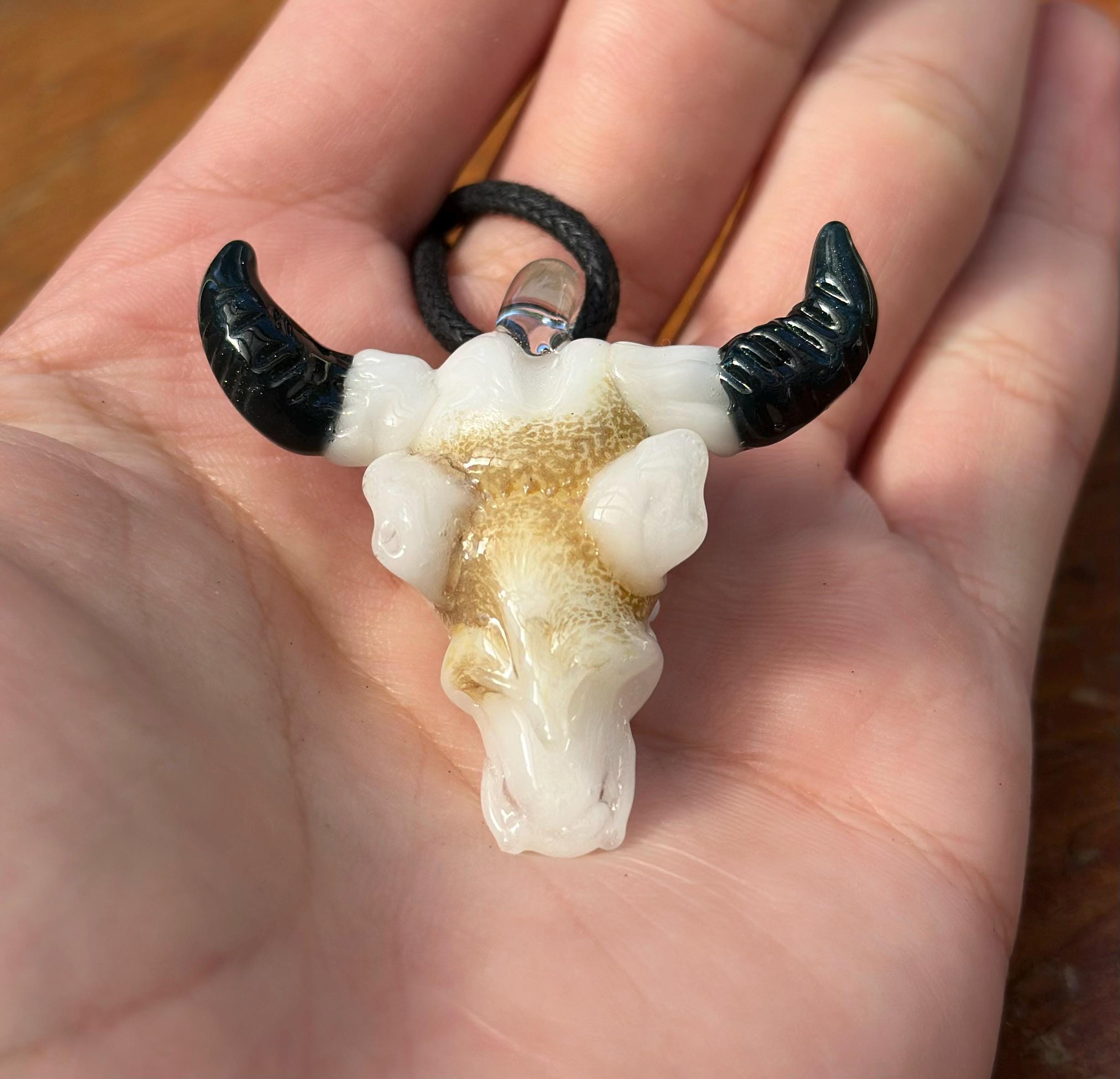 Handmade Bull Skull Glass Pendant Necklace - Western Boho Jewelry for Men and Women