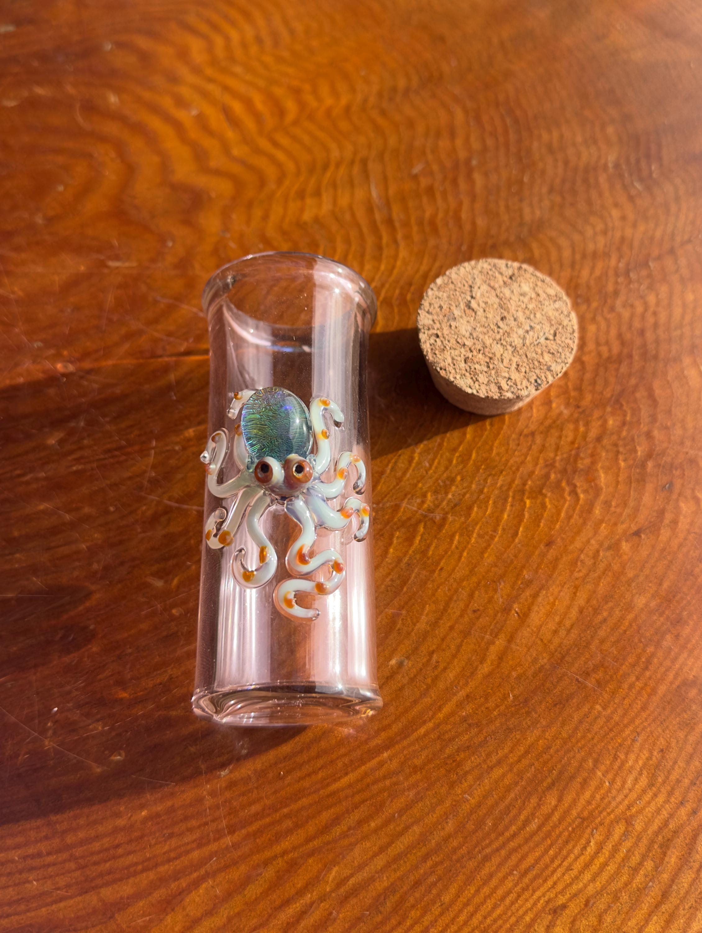 Handmade Glass Jar - Amber Color - Dichroic Octopus - Airtight Cork - Unique Ocean Decor - Collectors Items - Sea Creature Gift