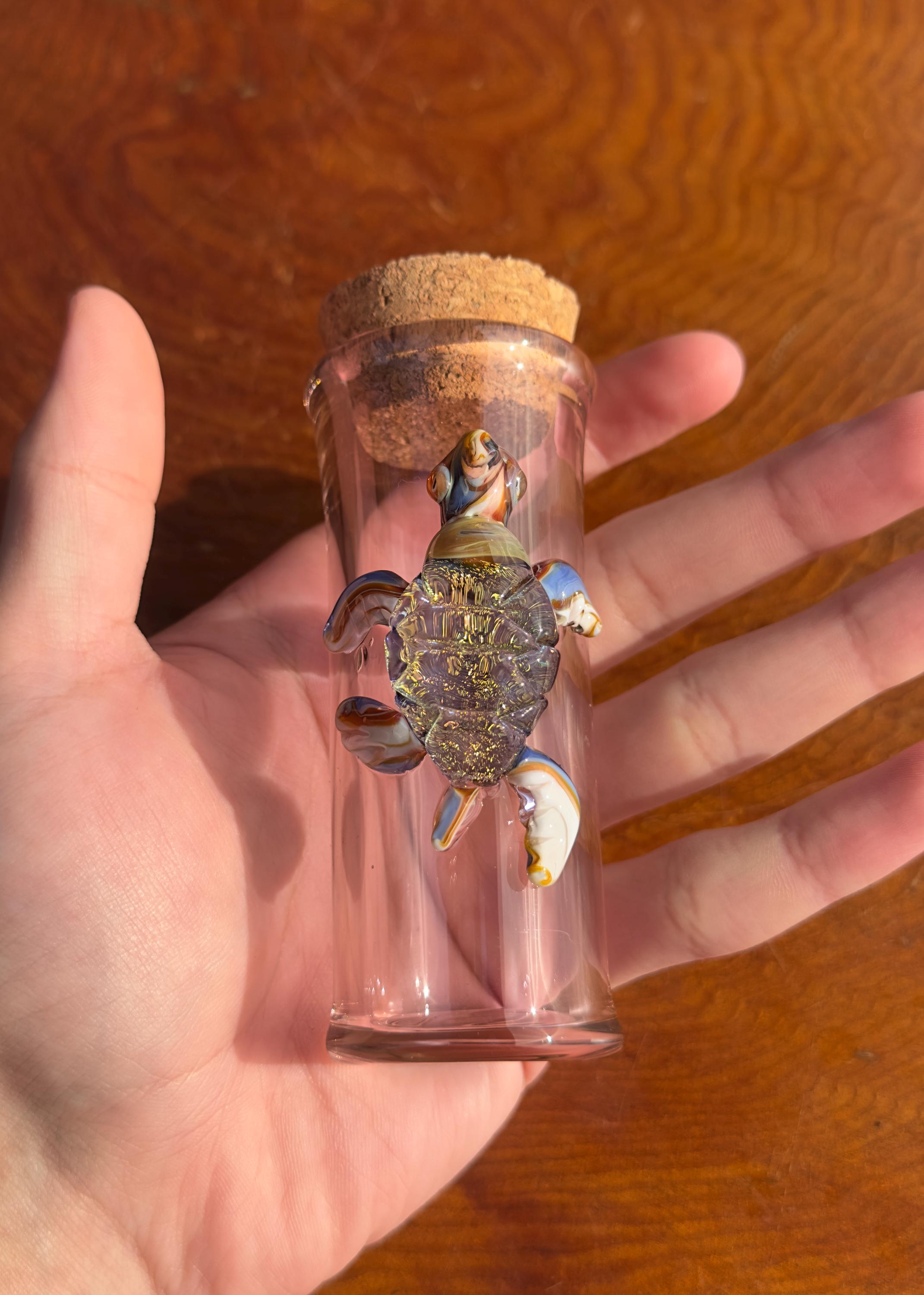 Handmade Glass Jar - Amber Color - Dichroic Sea Turtle - Airtight Cork - Unique Ocean Decor - Collectors Items - Sea Creature Gift