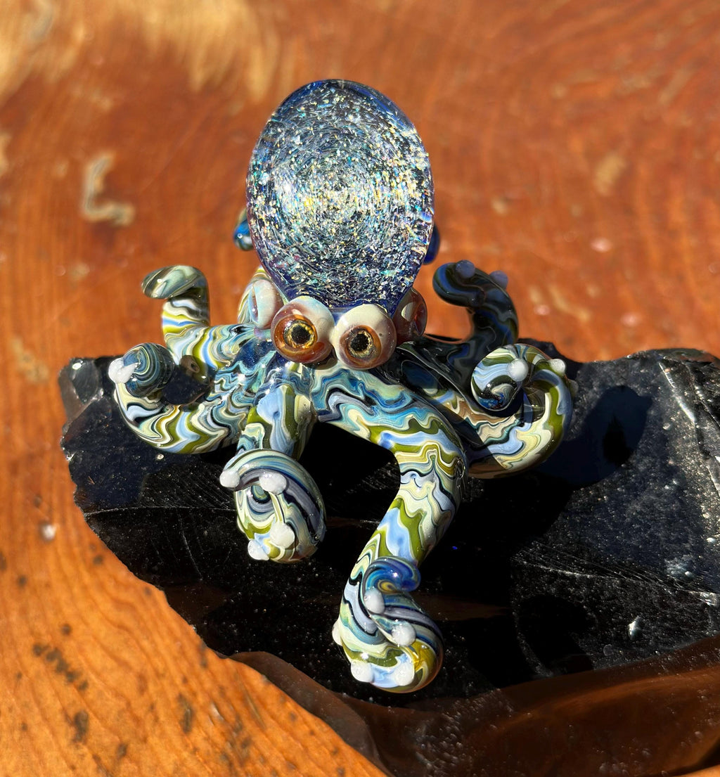 Handmade Dichroic Glass Galaxy Octopus Sculpture – Ocean Desk Decor